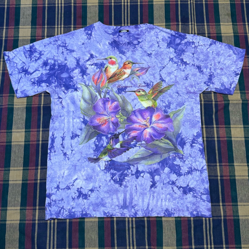 Vintage Hummingbird/Floral Graphic Purple Acid Wash T-shirt - Mt.Robson BC